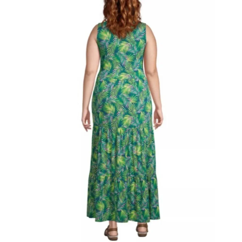 Lands End Maxi Tiered Dress 1X Stretch Cotton Modal Floral Washable NEW